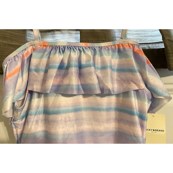 LUCKY BRAND Sz L (12/14) Big GIRLS Swimsuit 1 PC RUFFLE Striped Off Shoulder NEW - Picture 3 of 8